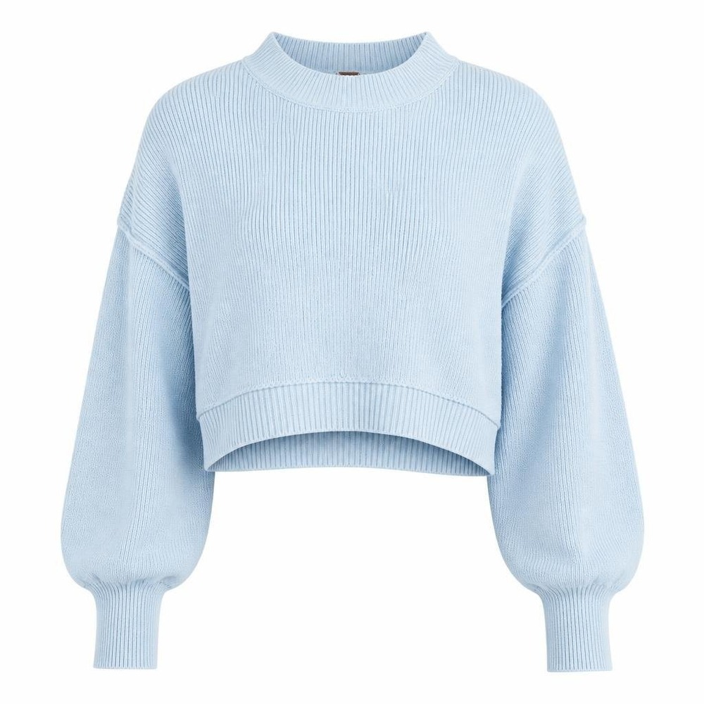 Free People Sweater Womens S Blue Cropped Ribbed Balloon Sleeve Oversized Boho